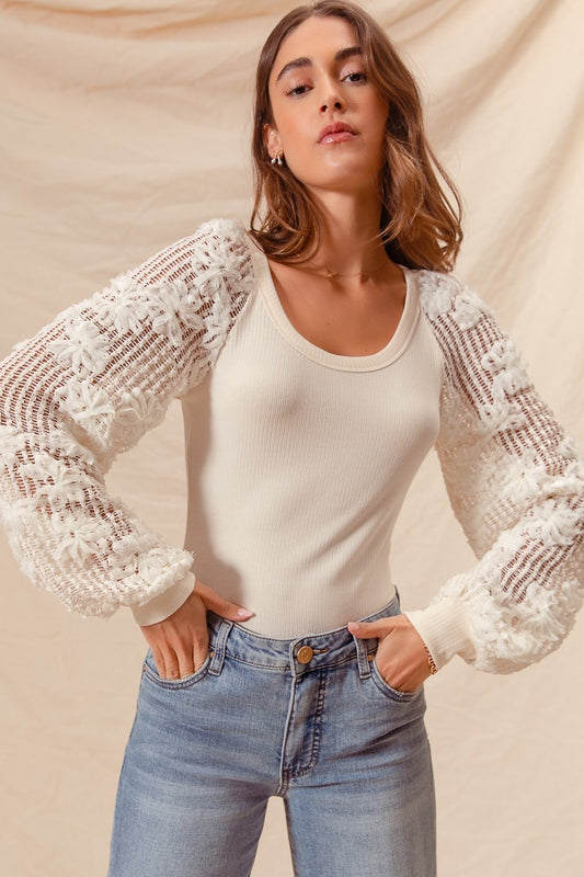 Rib Knit Top With Lace Balloon Sleeves