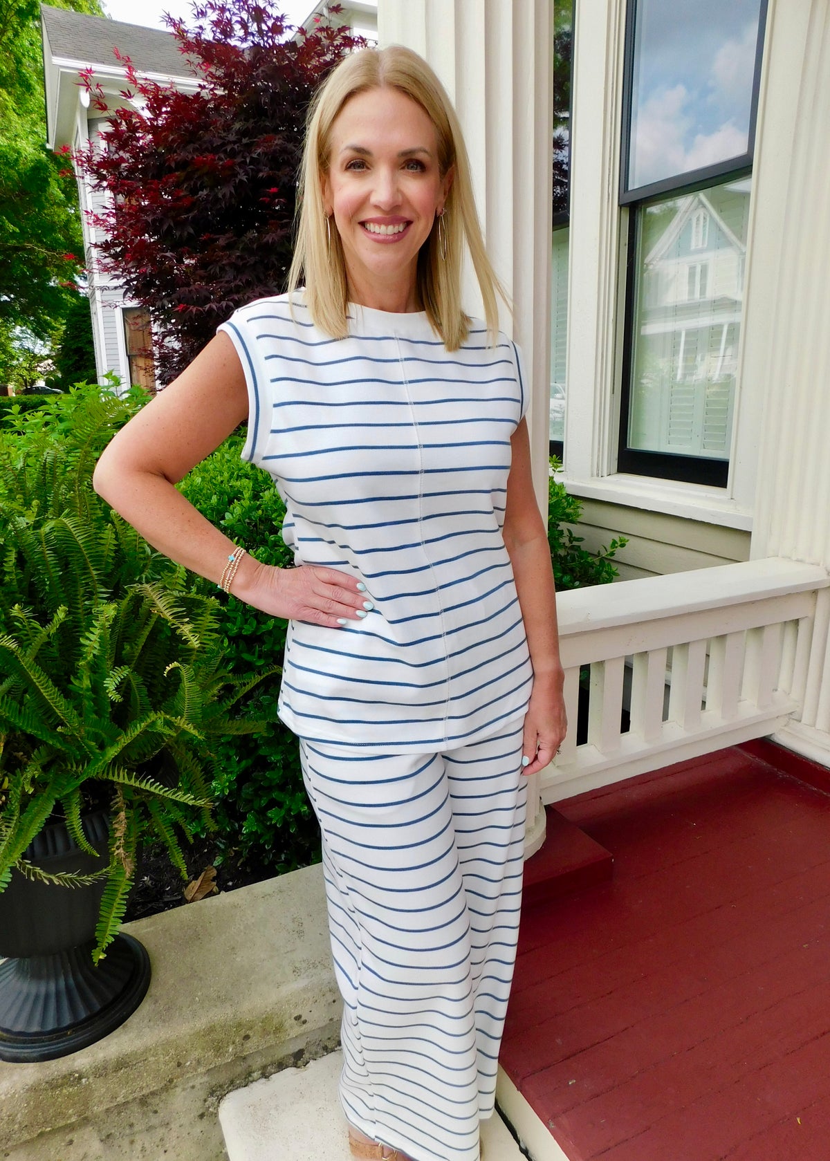 White & Blue Striped Two-Piece Set