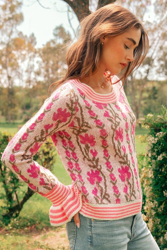 Floral Knit Sweater With Ruffled Cuffs