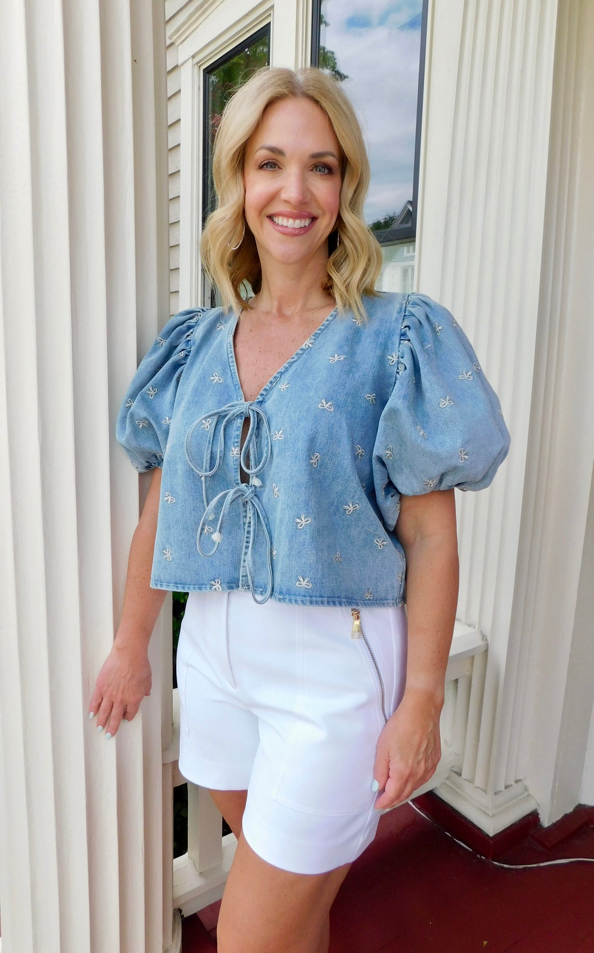 Puff Sleeve Denim Bow Top