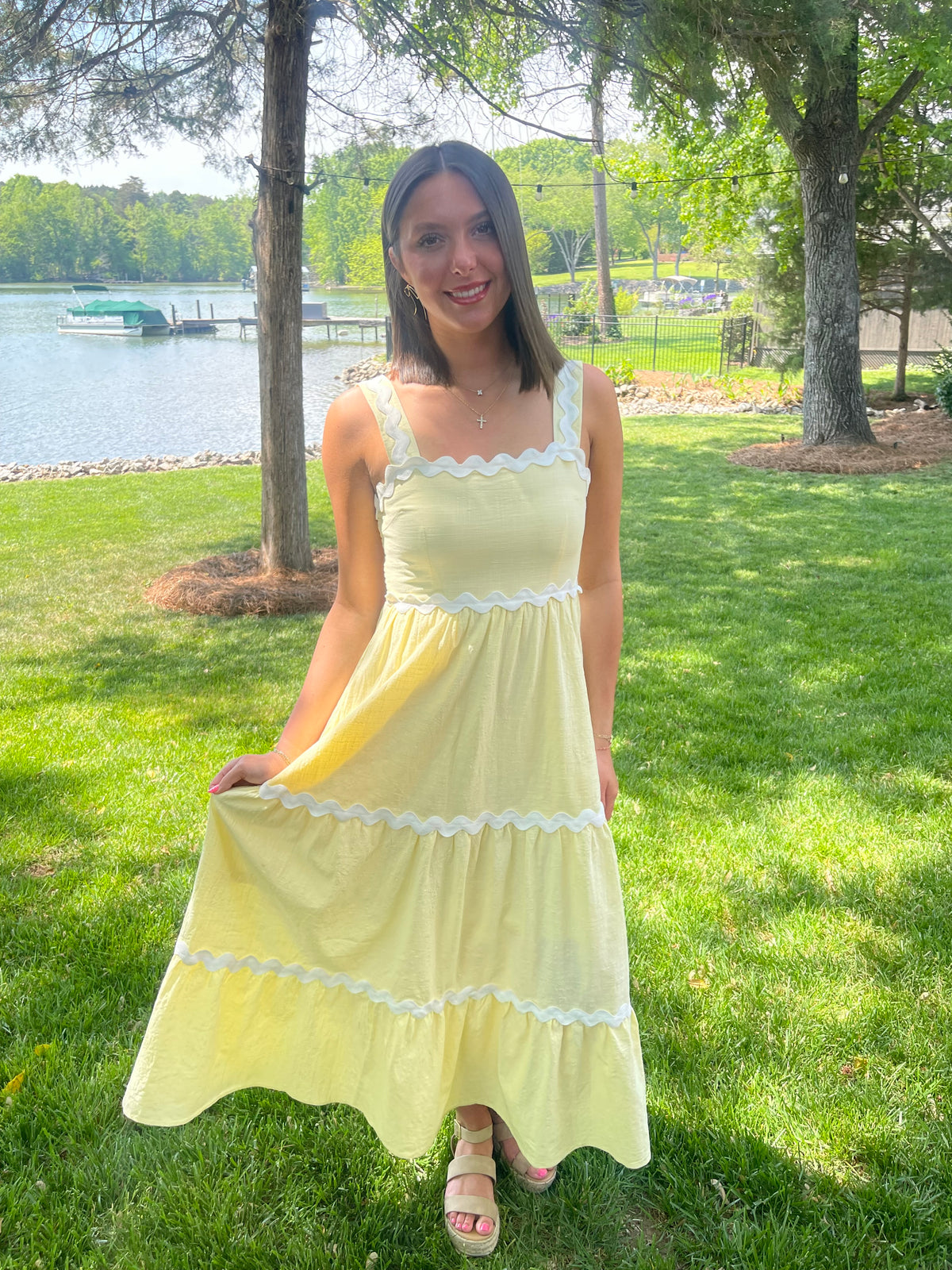 Yellow Ric Rac Trim Tiered Midi Dress