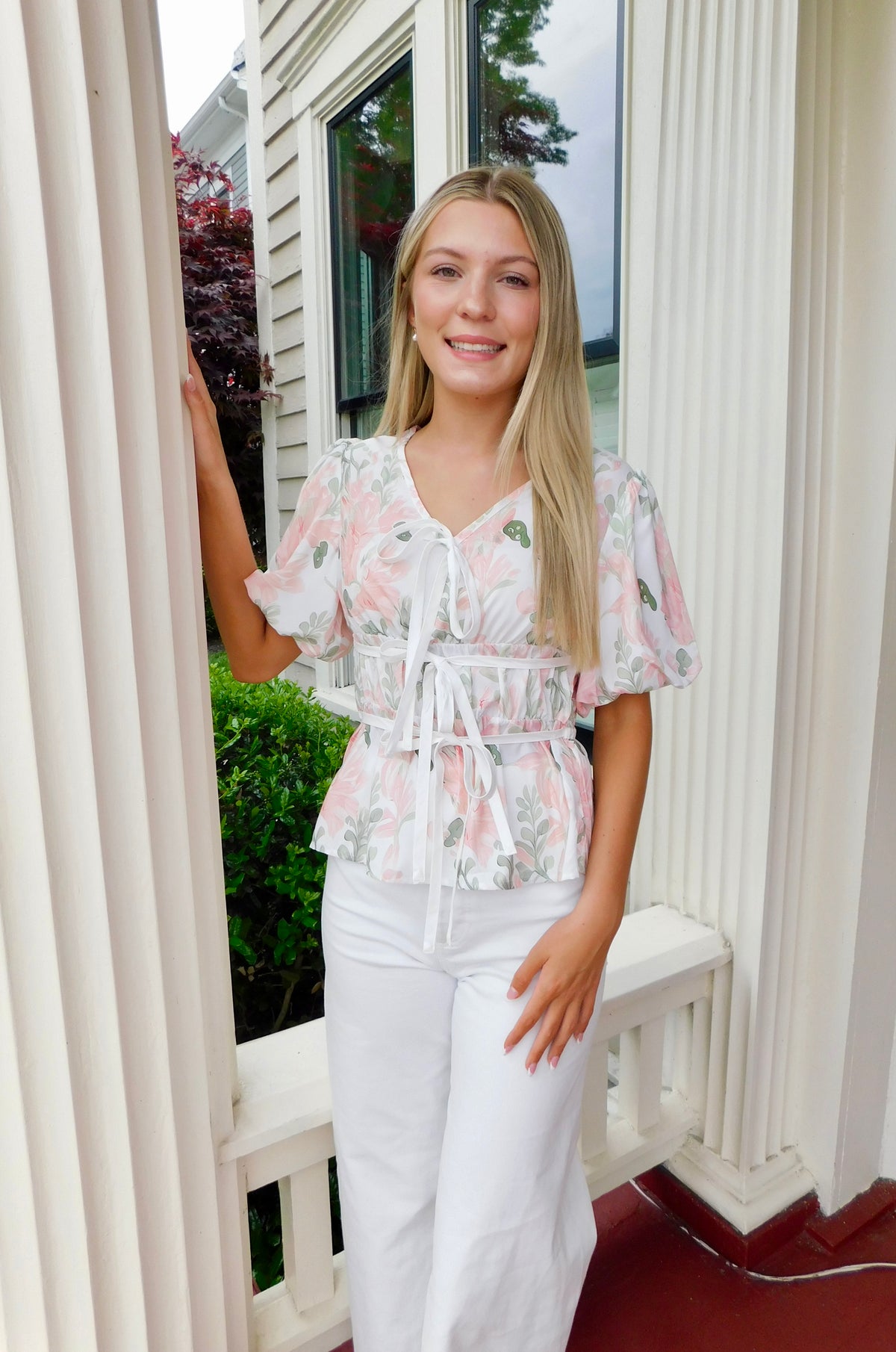 Floral Puff Sleeve Tied Front Peplum Blouse