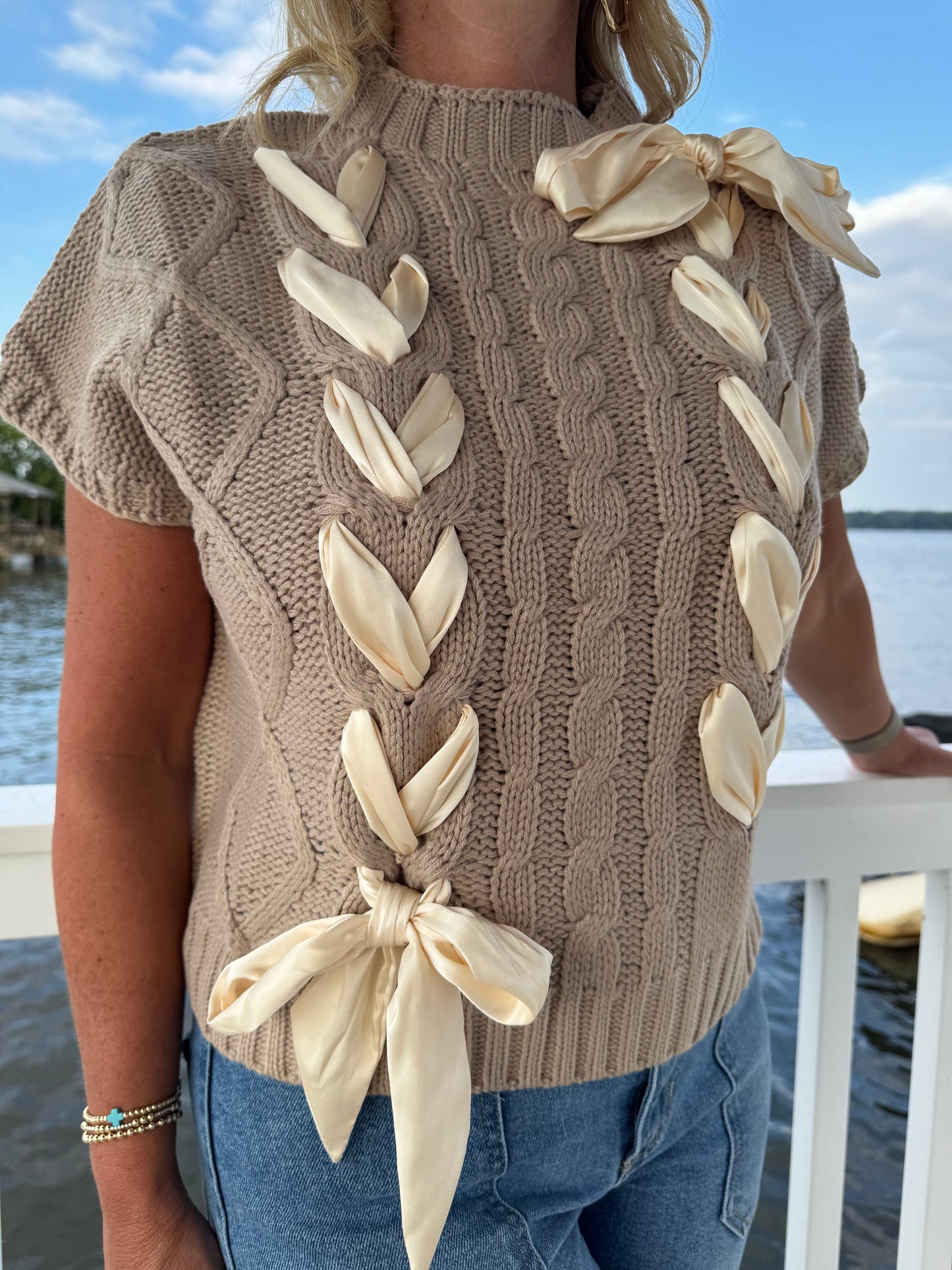 Satin Bow Cable Knit Sweater