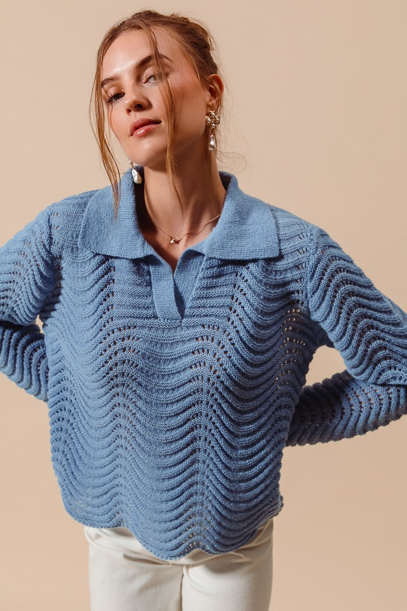 Notched Collar Wavy Sweater