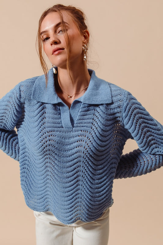 Notched Collar Wavy Sweater