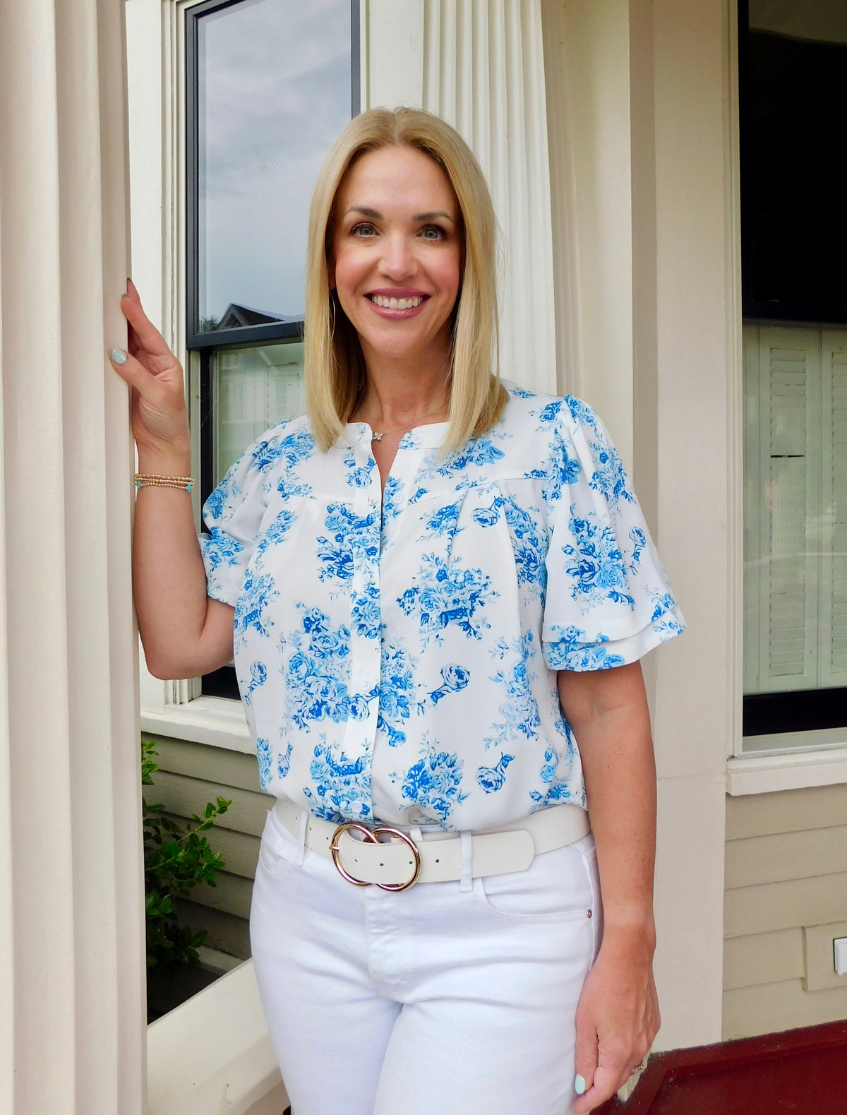 Blue Floral Pleated Button-Up Blouse