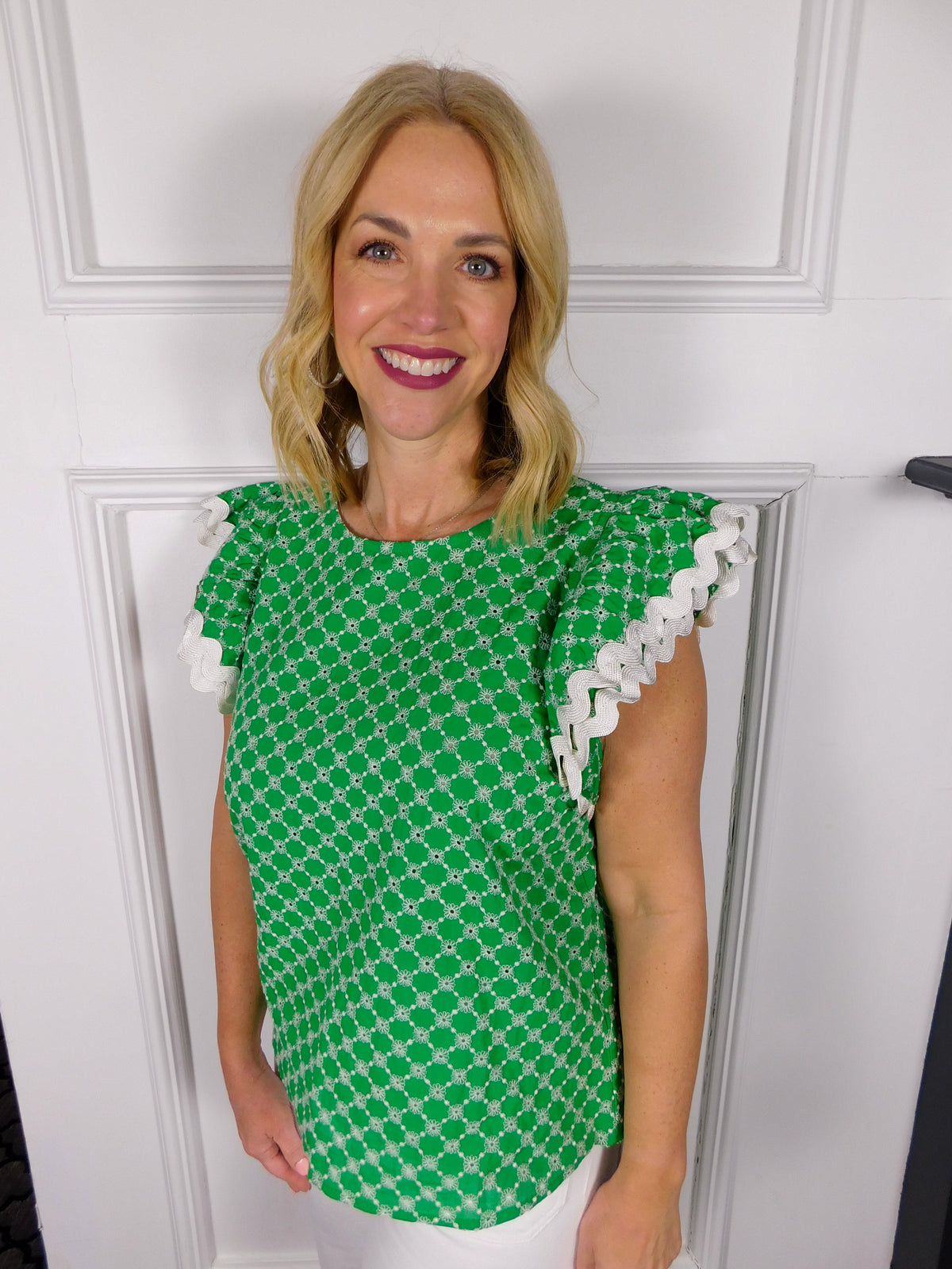Green Ruffle Sleeve Eyelet Lace Top
