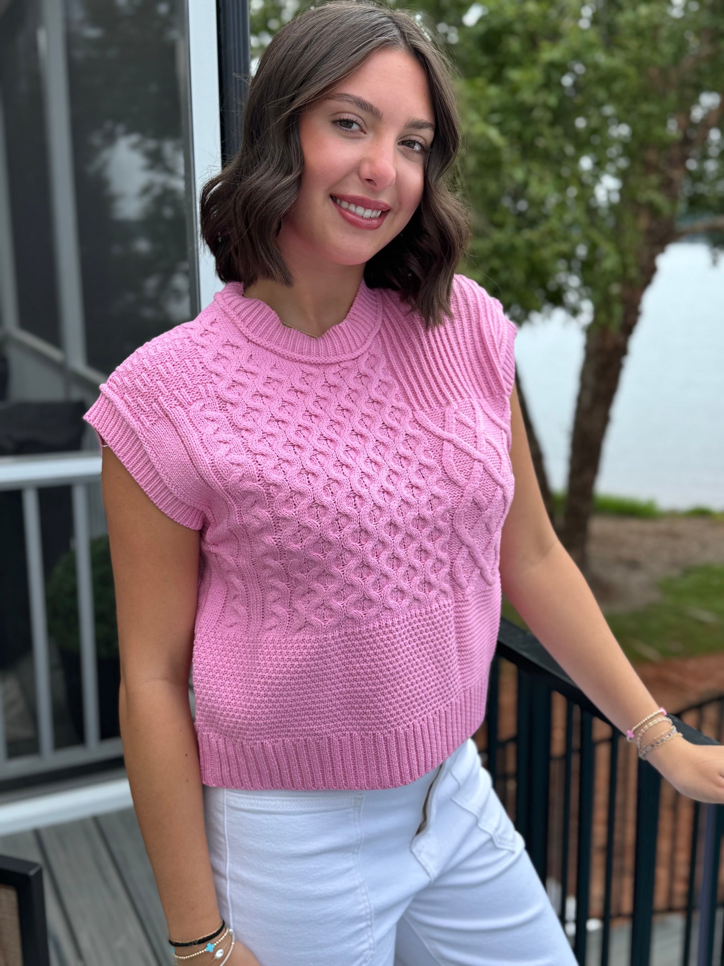Pink Sleeveless Cable Knit Sweater