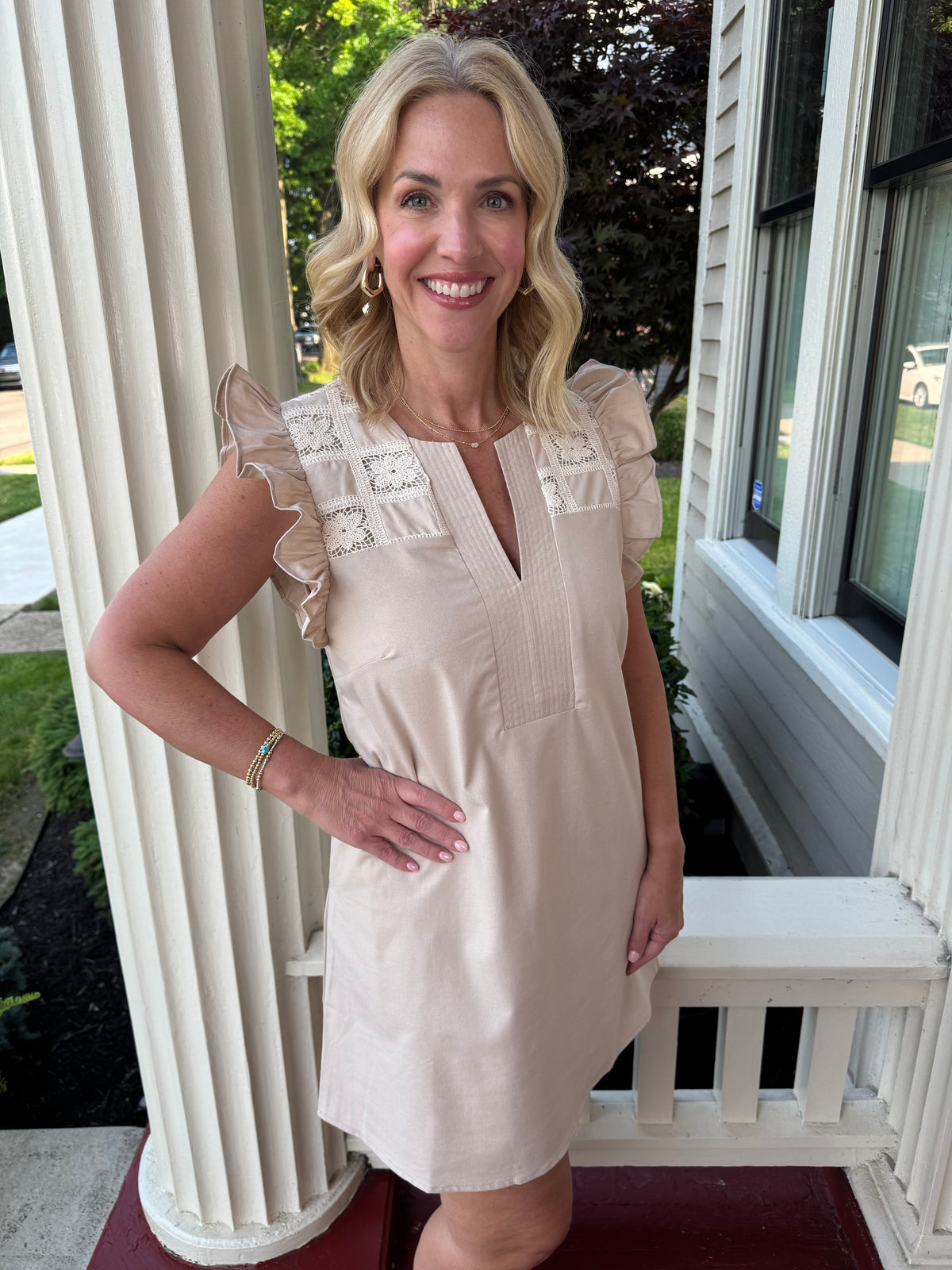 Crochet Detail Linen Mini Dress