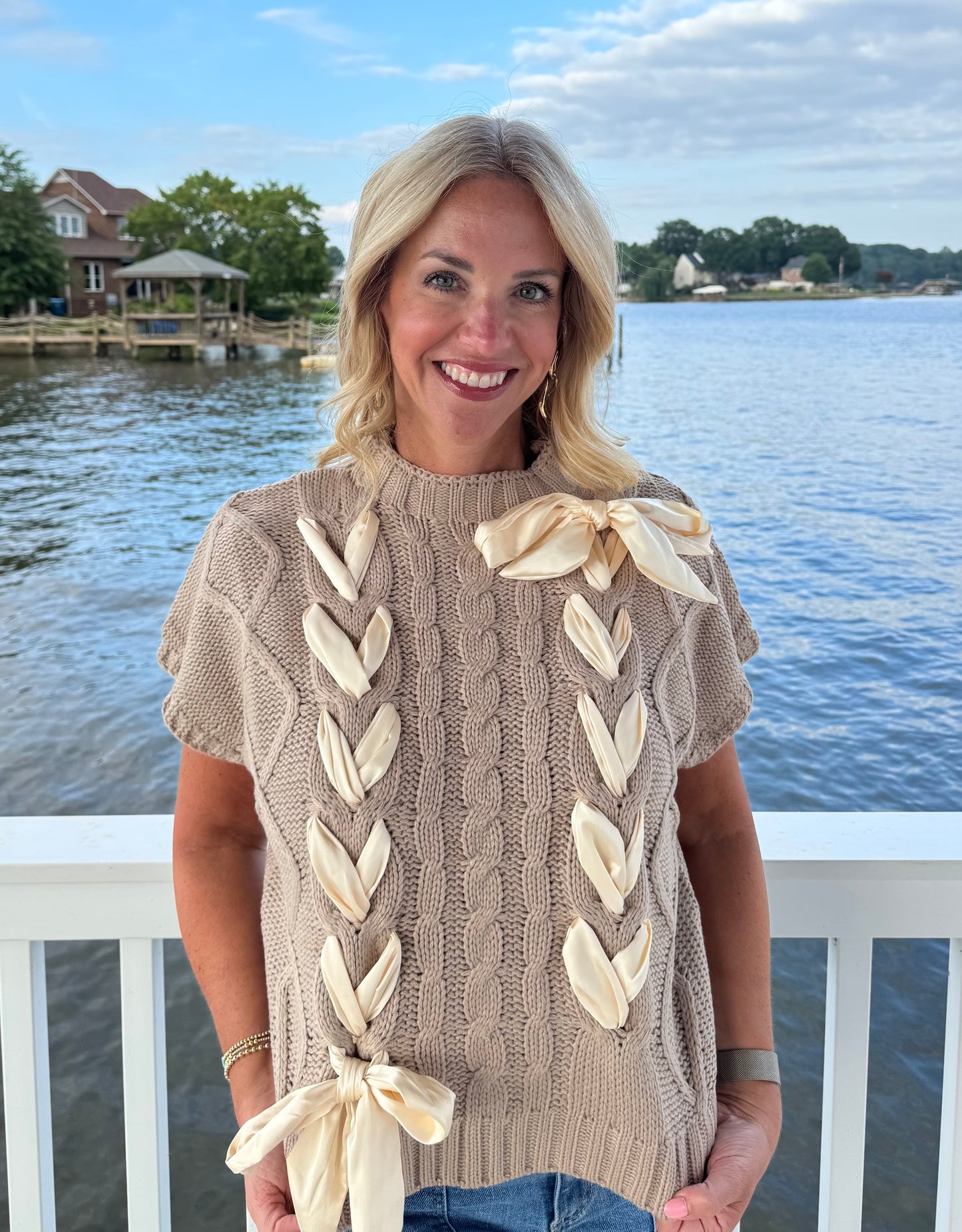 Satin Bow Cable Knit Sweater