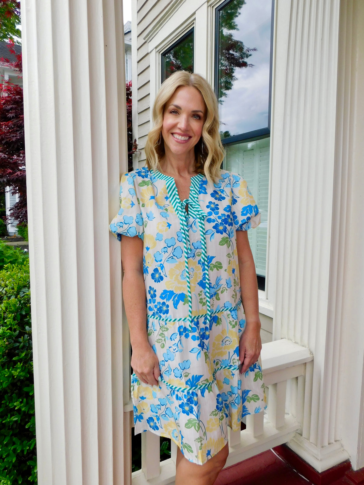 Floral Striped Trim Puff Sleeve Dress