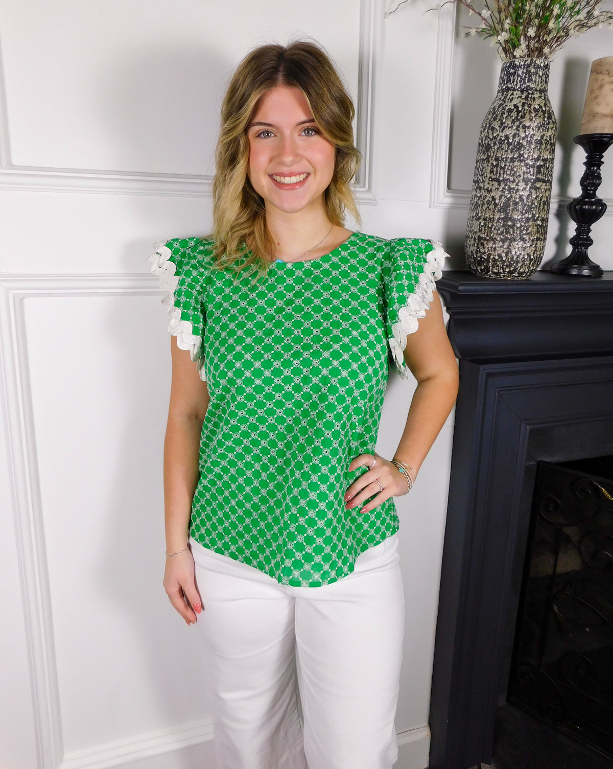 Green Ruffle Sleeve Eyelet Lace Top