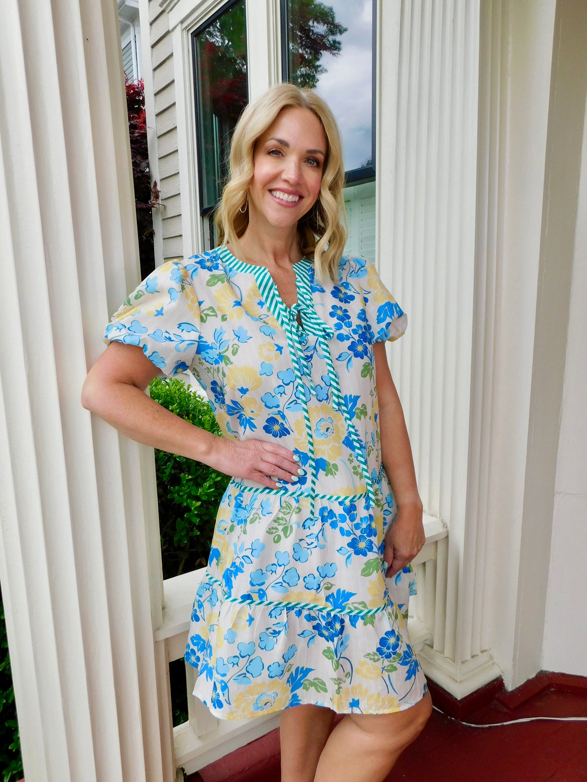 Floral Striped Trim Puff Sleeve Dress