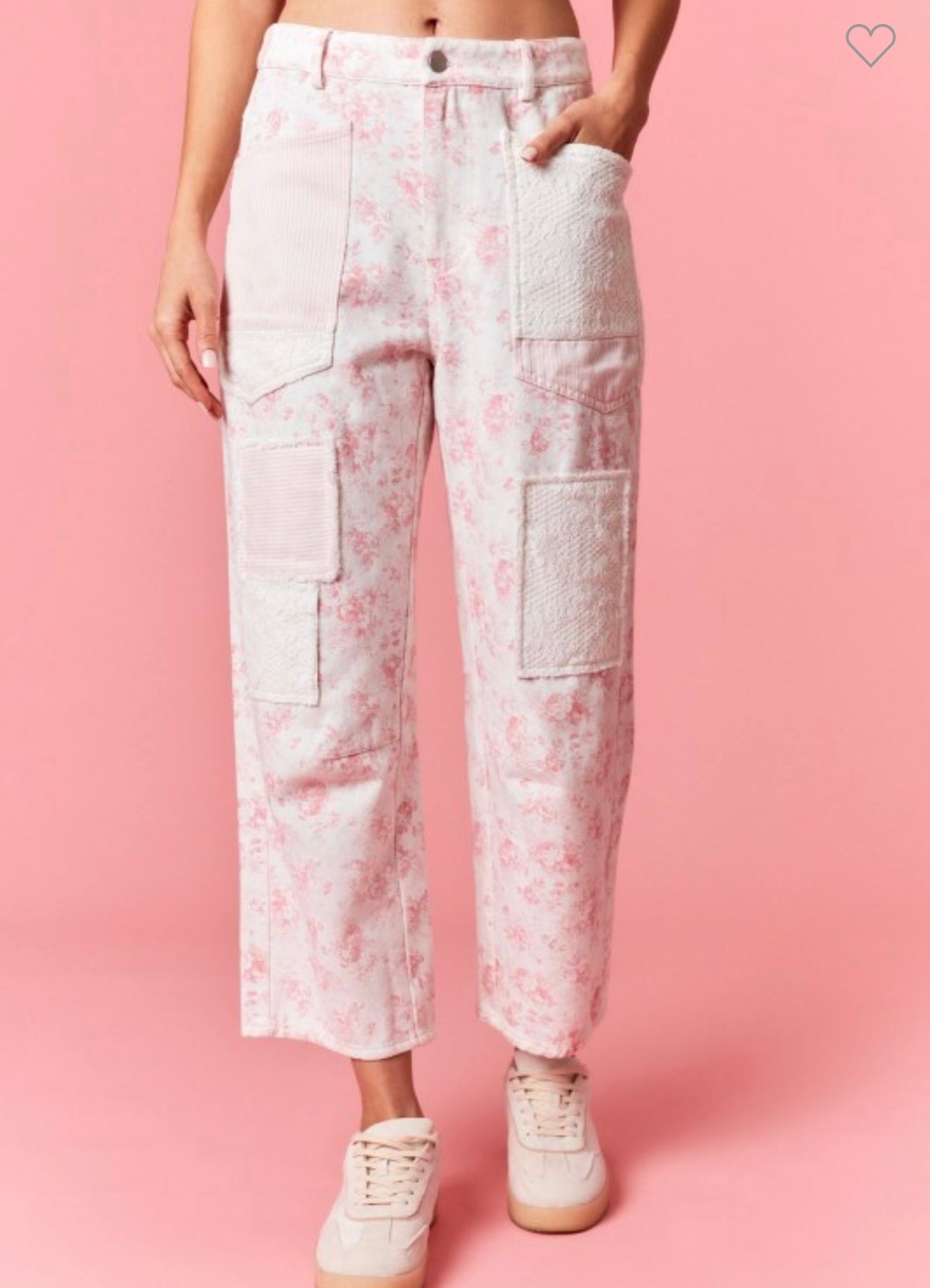 Floral Lace Detail Denim Barrel Pants