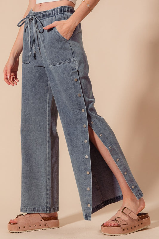 Casual Denim Pants With Side Snap Button