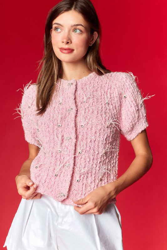 Feather & Rhinestone Embellished Knit Cardigan