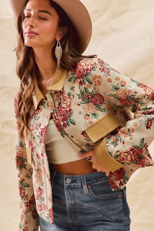 Floral Button Down Corduroy Collar Jacket