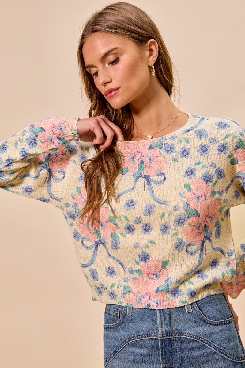 Floral Print Long Sleeve Sweater Knit Top