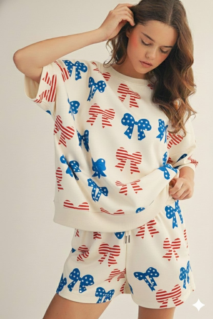 American Flag Bow Shirt & Shorts Set