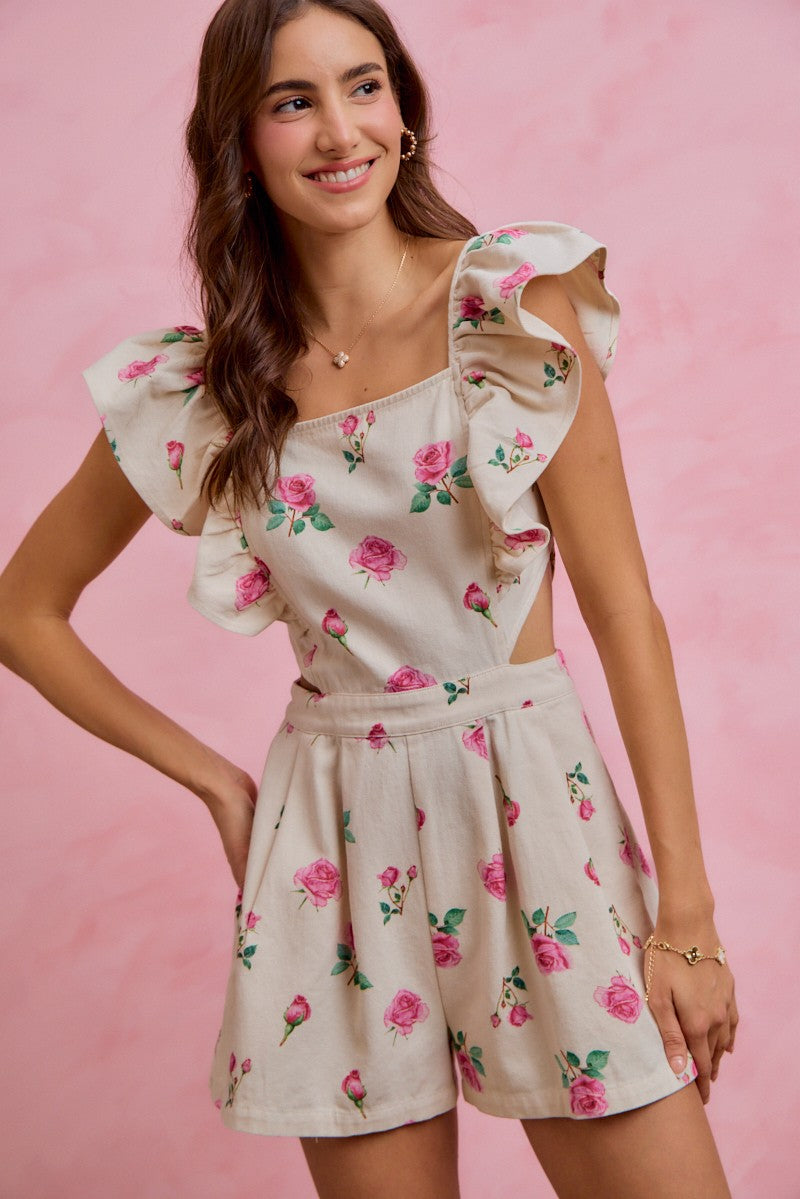 Floral Print Denim Cut Out Ruffled Romper