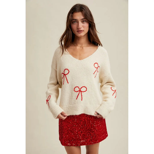 Embellished Bow Christmas Sweater
