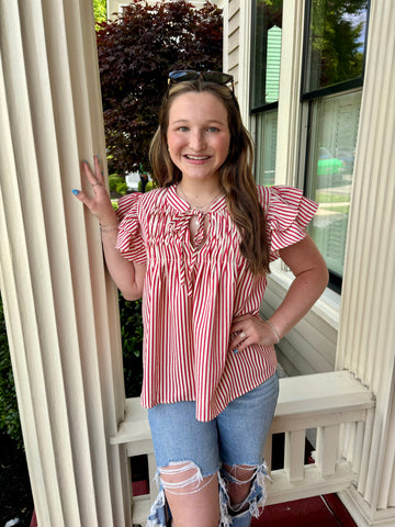 Ruffle Sleeve Woven Stripe Top