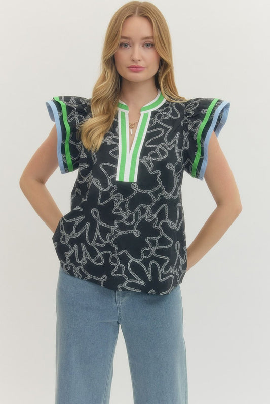 Abstract Print Flutter Sleeve Top