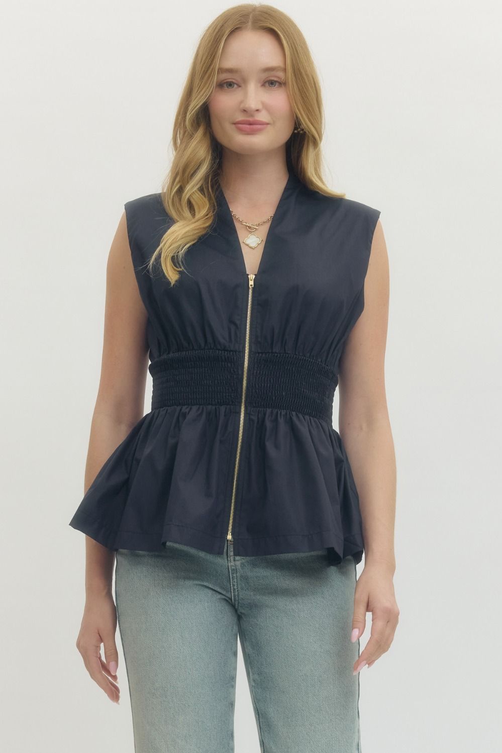 Sleeveless Zip Top With Peplum Hem