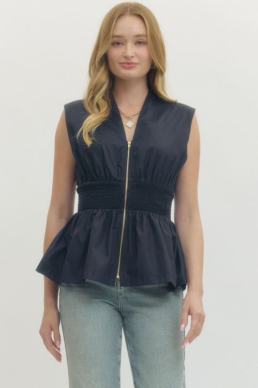 Sleeveless Zip Top With Peplum Hem