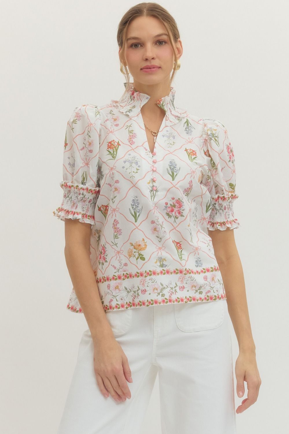 Botanical Print Puff Sleeve Top