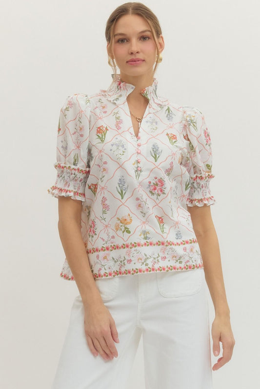 Botanical Print Puff Sleeve Top