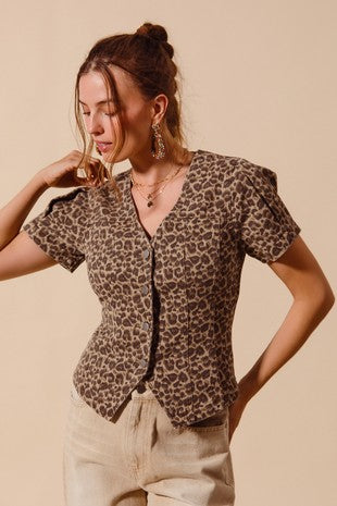 Vintage Leopard Button Front Top