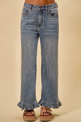 Ruffled Bottom Detail Denim Jeans