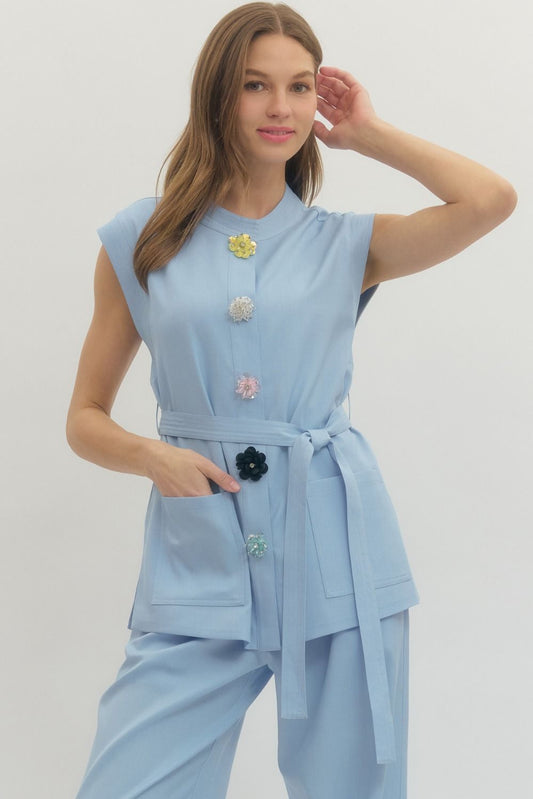 Light Blue Beaded Button Vest