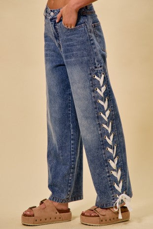 Mid Rise Jeans Lace Up Detail