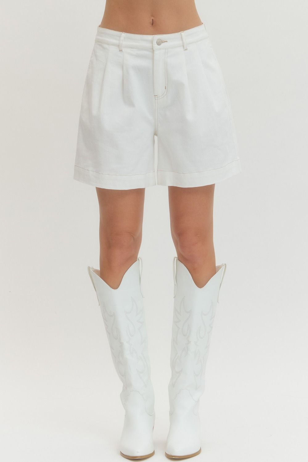 Solid White Pleated Shorts