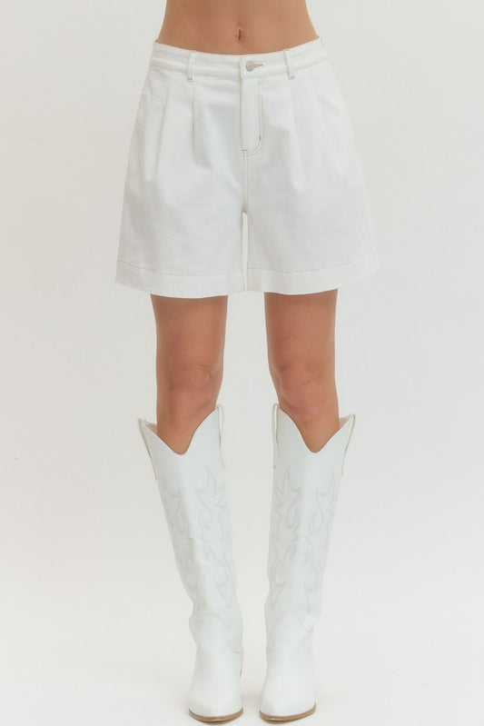 Solid White Pleated Shorts