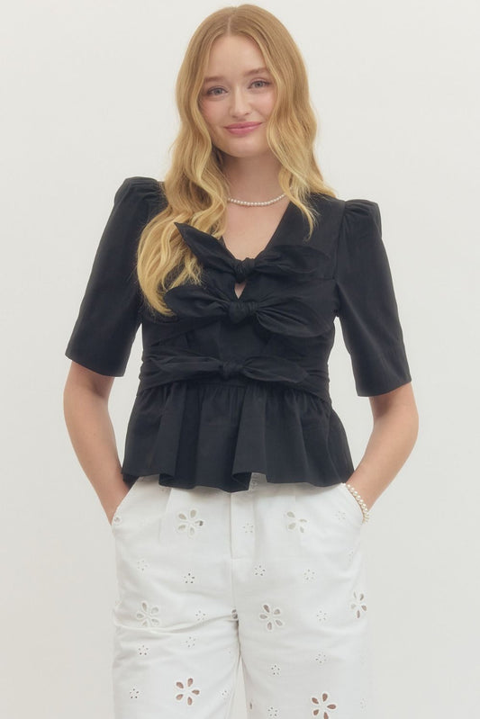 Black Puff Sleeve Peplum Top
