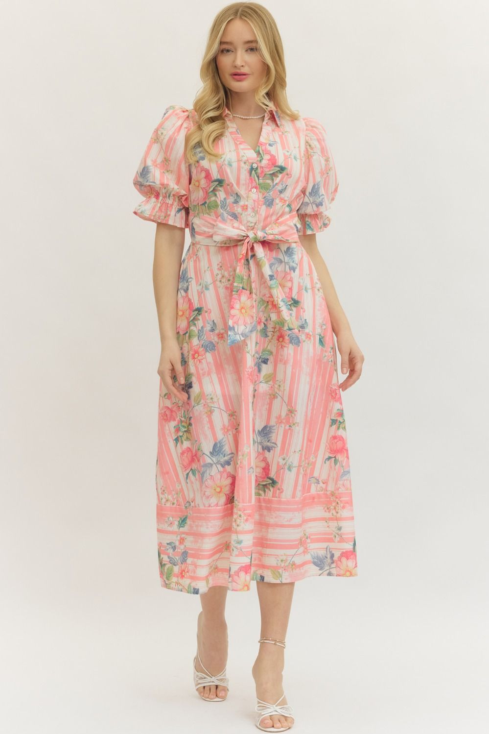 Striped Botanical Print Puff Sleeve Dress