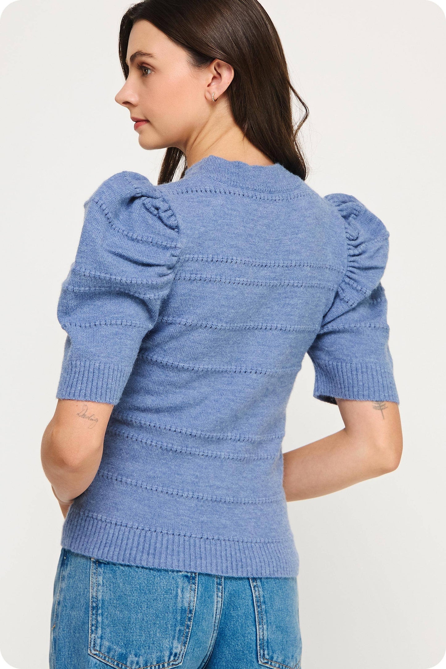 Mock Neck Puff Sleeve Pointelle Knit Sweater Top