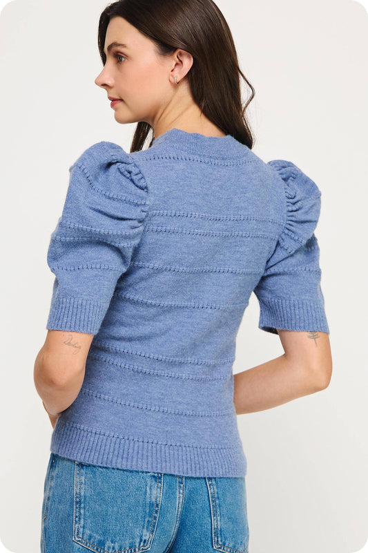 Mock Neck Puff Sleeve Pointelle Knit Sweater Top