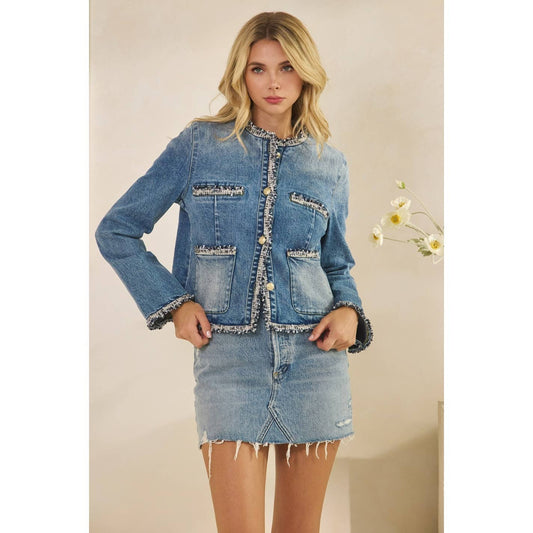 Tweed Trimmed Front Pocket Denim Jacket