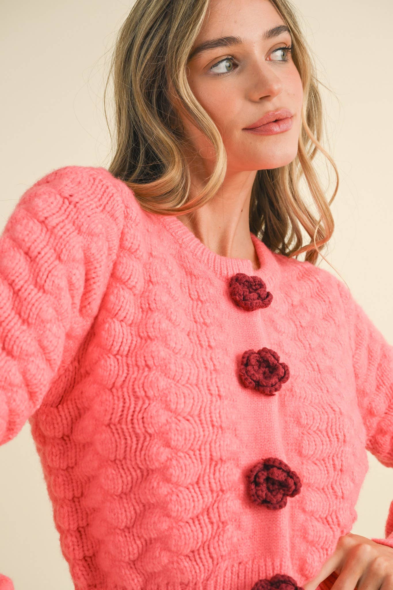 Sweater Cardigan With Knit Rosette Detail