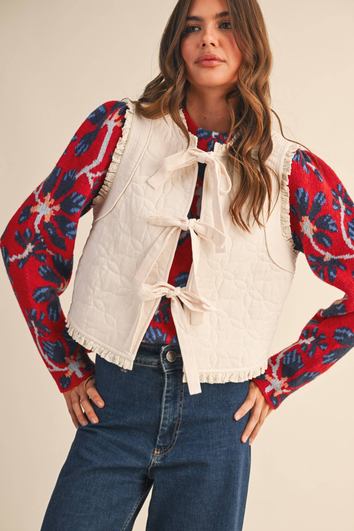Floral Quilted Bow Tying Vest
