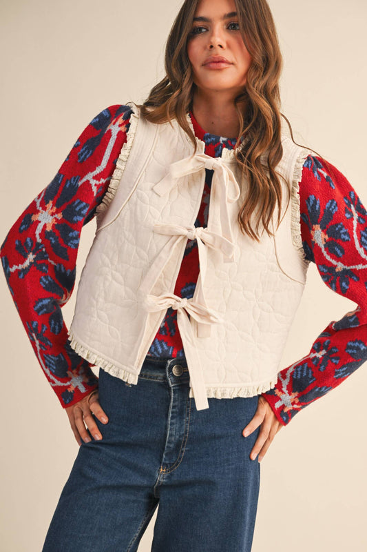 Floral Quilted Bow Tying Vest
