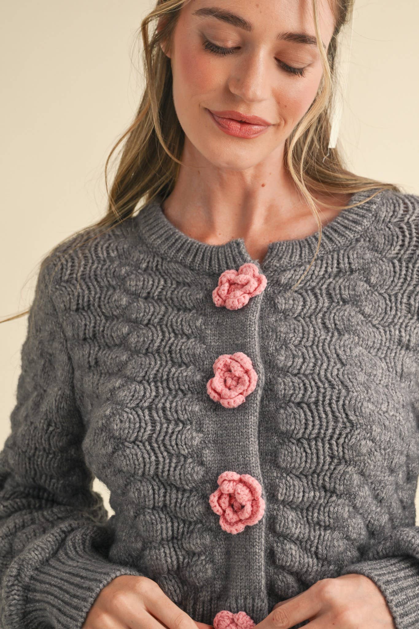 Sweater Cardigan With Knit Rosette Detail