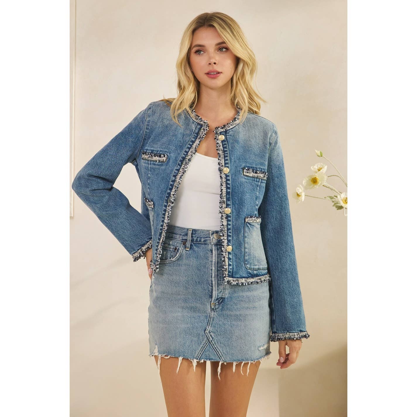 Tweed Trimmed Front Pocket Denim Jacket