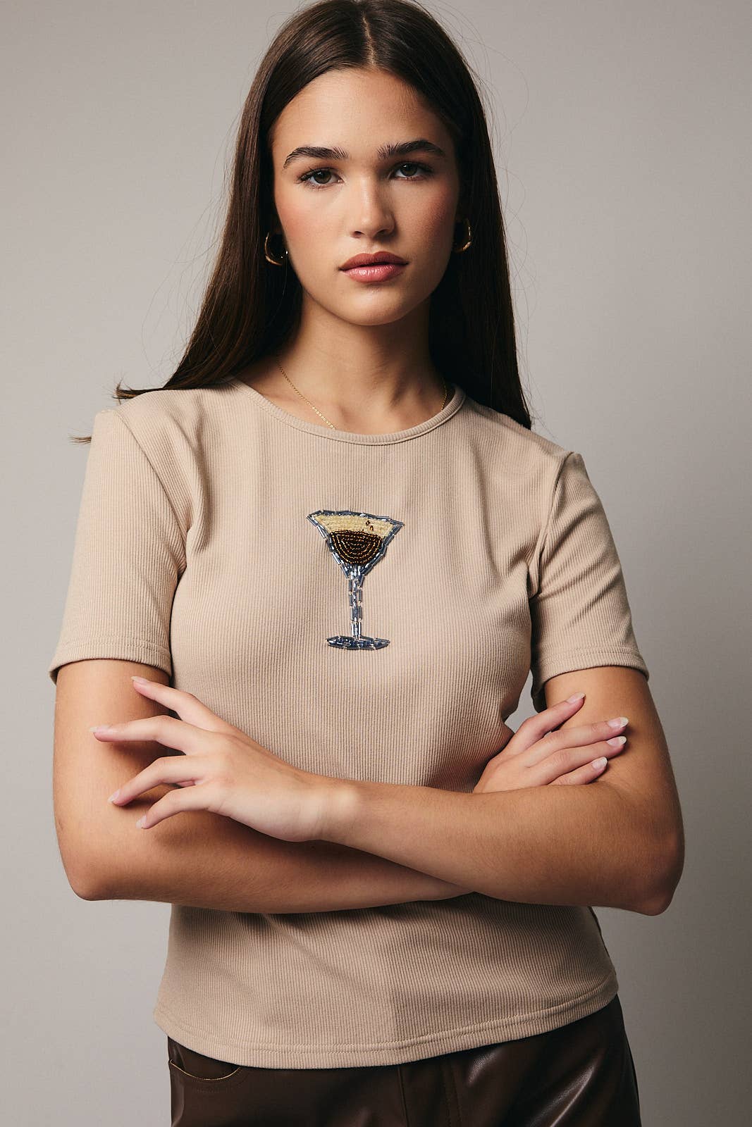 Short Sleeve Espresso Beads Rib Top